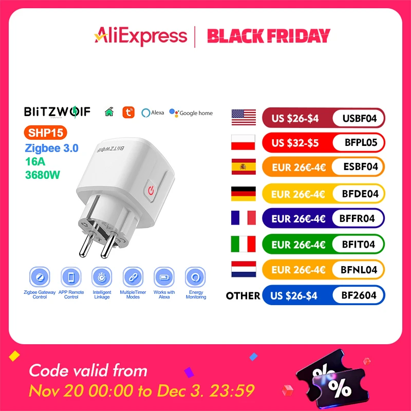 VR3 BW-SHP15 ZigBee 3.0 Thông Minh Ổ Cắm Thông Minh 16A EU Cắm Ổ Cắm Điện Ứng Dụng Từ Xa Màn Hình Làm Việc Với Alexa Google Home