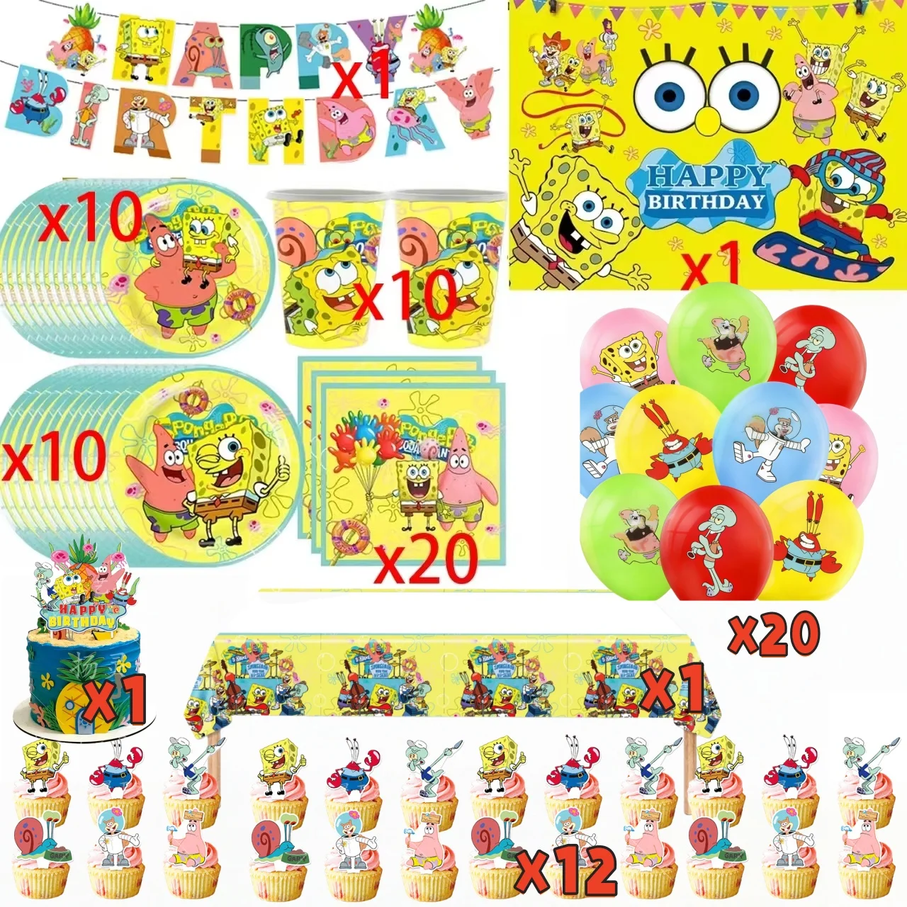 Ensemble de vaisselle pour fête d'anniversaire sur le thème de SpongeBob et Bob l'éponge, comprenant des gobelets en papier et un décor de gâteau, pour la décoration de la fête d'anniversaire, des cadeaux et des sacs cadeaux.