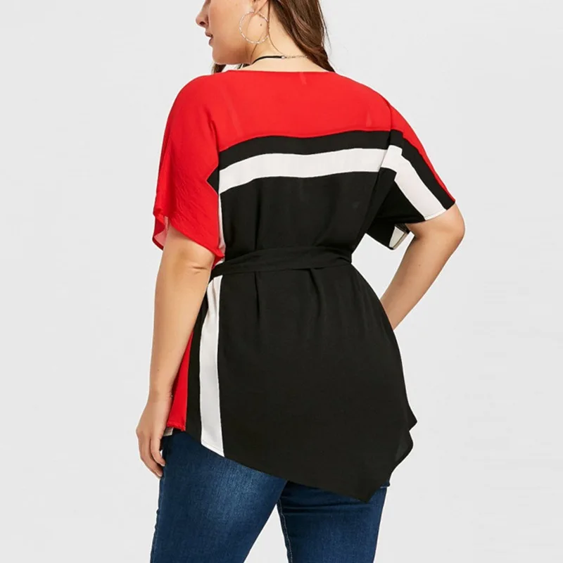 Summer plus size casual T-shirt 5XL 6XL 7XL new fashion women's round neck stitching contrast bat sleeve lace-up T-shirt