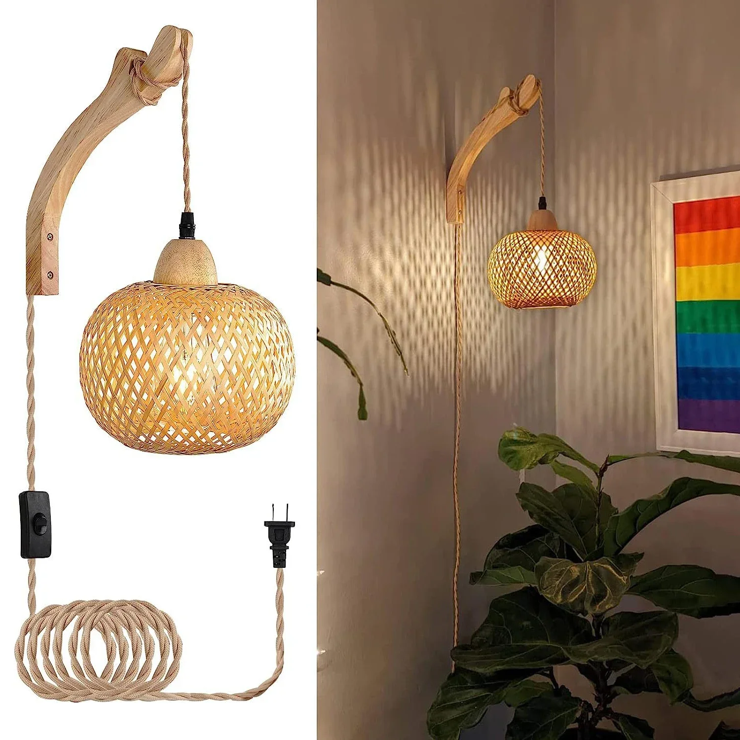 

Retro Bamboo Wall Lamp Bedroom Living Room Corridor Decoration Light Hemp Rope Bedside Lamps Indoor Lighting Fixtures