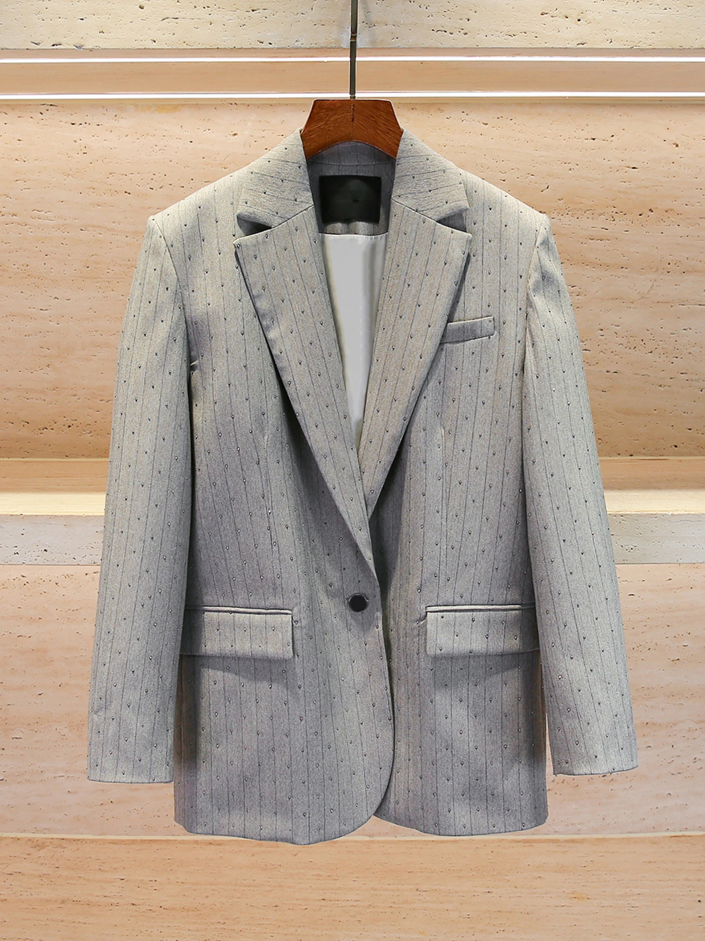 

M Home Nan You High End Women's Autumn Winter Stripe Suit Jaet with Ironed Rhinestones Commute Sle Stand Fit Long Sve