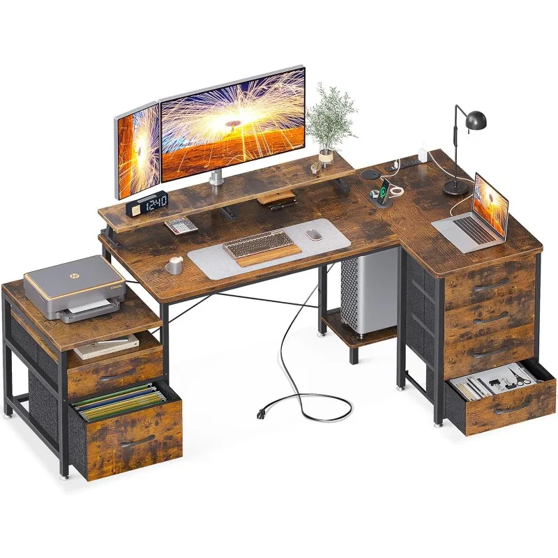L Shaped Desk with 6 Drawers & Power Outlet, 72 Computer Desk with File Drawer & Monitor Shelf,computer desks,gaming desk