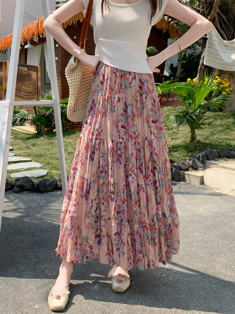 

Новая летняя женская плиссированная юбка с высокой талией из шифона с принтом, длинная, с широким подолом, из полупрозрачной ткани, с цветочным узором