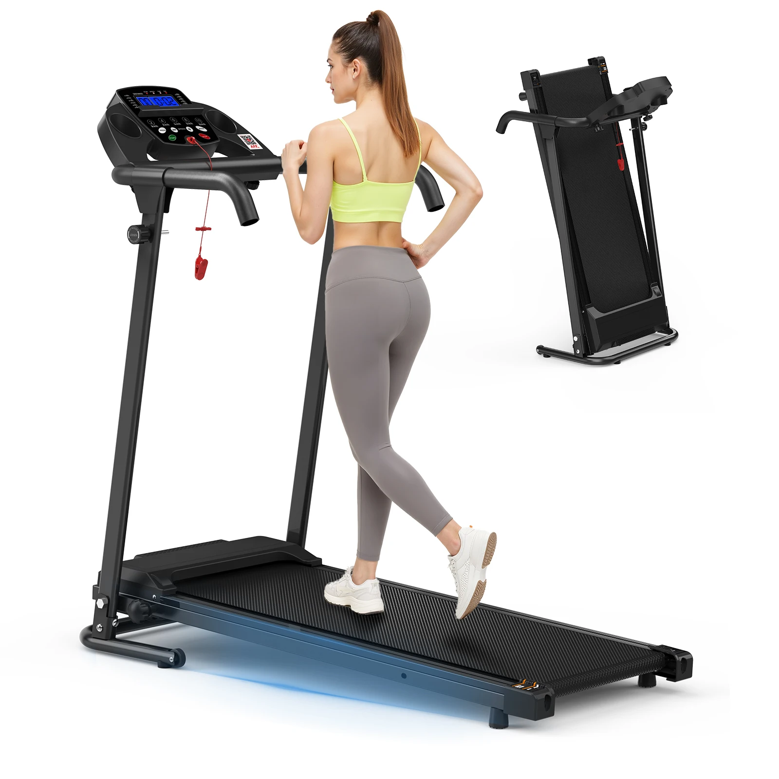 

STLF 2-in-1 Mini Electric Treadmill Foldable Walking Pad Remote Control Handle Bar APP Incline Heart Calorie Wireless LED Displa