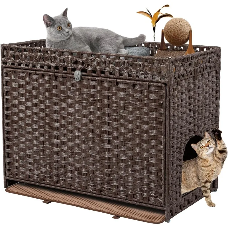 

Cat Litter Box Enclosure Furniture Hidden, Pet House Litter Box Furniture for Large Cats, Handwoven Rattan with Door