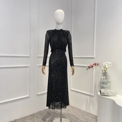 2023 New Arrival Luxury Black Diamonds Mermaid Midi Dress for Party Long Sleeve Graceful High Quality Elegant Woman Clothes