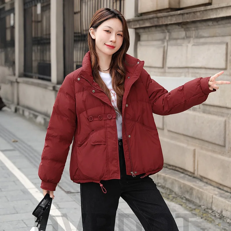 Puffer Coats with Stand-up Collar for Women, Thick Warm Down Jacket, Buttons, Casual Winter Coat, Female Fashion, New, 2024