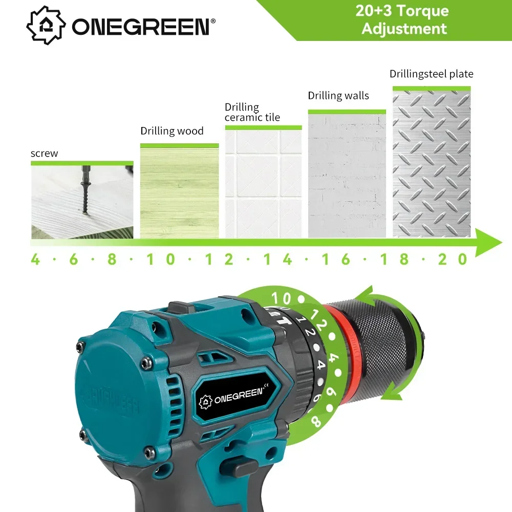ONEGREEN 480N.M 13mm Brushless Electric Impact Drill Cordless Drill Electric Screwdriver Power Tools For Makita 18V Battery Pin