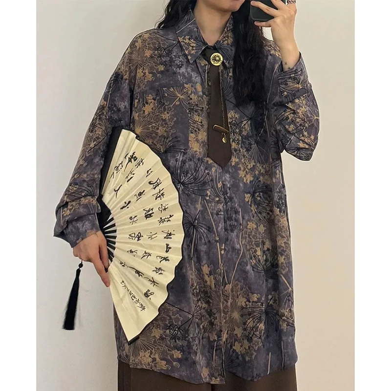 

Tie Dye Chic Print Shirt Women Long Sleeve American Vintage Elegant Blouse Loose Casual Street Single Breasted Top