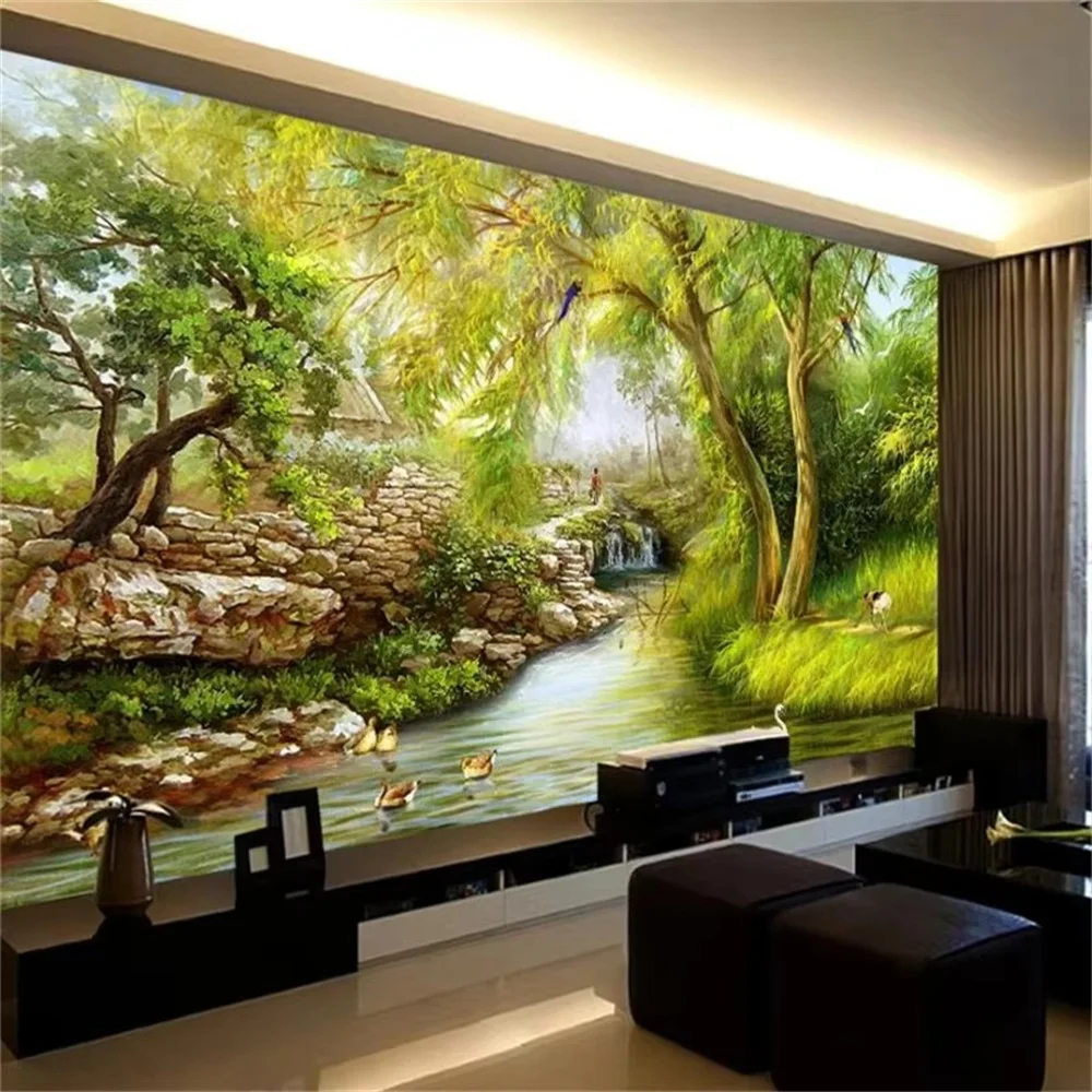 Papel de parede personalizado 3d mural floresta encantada paisagem fundo da parede sala estar hotel cachoeira bambu lótus pavão papéis de parede