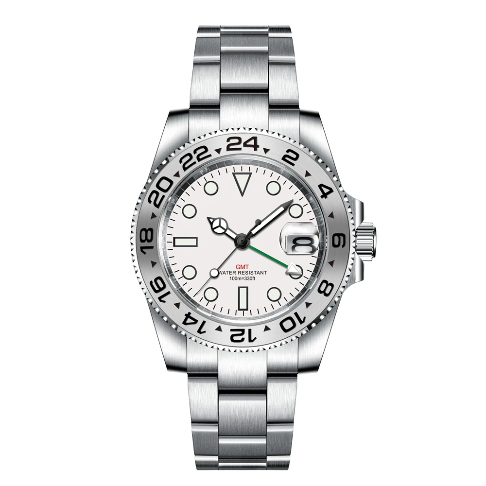 Custom GMT  Quartz Watch White Dial Luxury 40mm Mechanical Wristwatches for Men Waterproof Luminous Reloj Sapphire Glass Clock