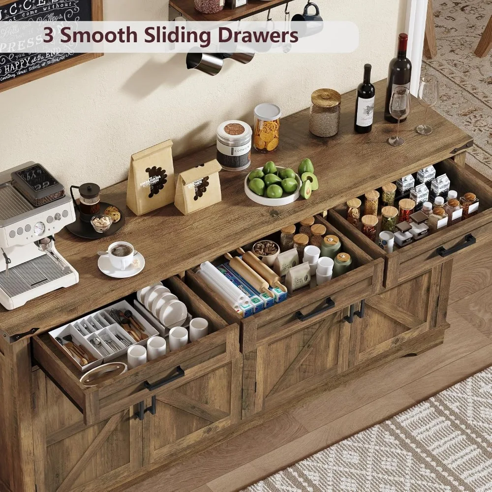 63" Large Buffet Cabinet with 4 Doors and 3 Drawers, Farmhouse Buffet Sideboard Cabinet with Storage, Coffee Bar Wine Bar for L