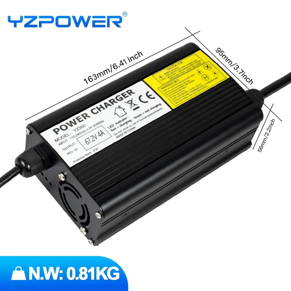 YZPOWER 67.2V 4A Lithium Battery Charger 16S 60V Battery Pack Power Tools Universal Intelligent Fast Charger With Cooling Fan