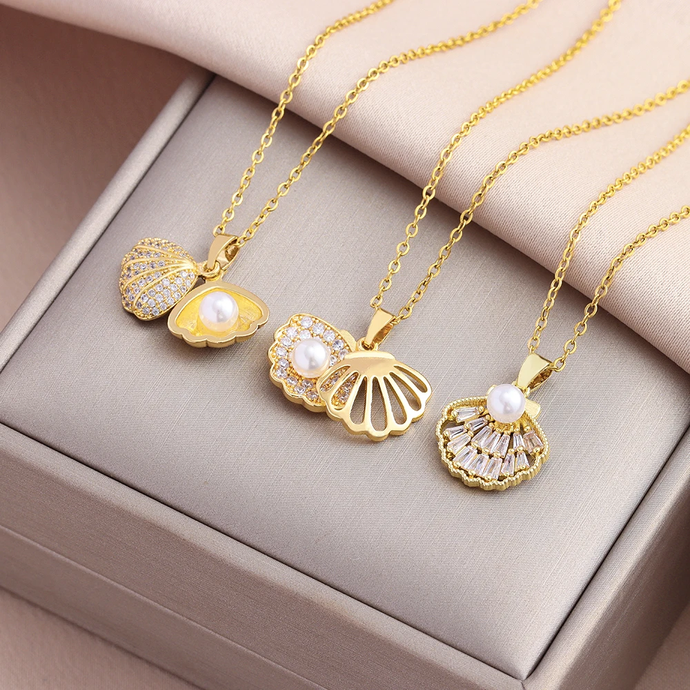 New In Sweet Sexy Zircon Inlaid Imitation Pearl Shell Pendant Necklaces For Women Female Stainless Steel Clavicle Chain Jewelry