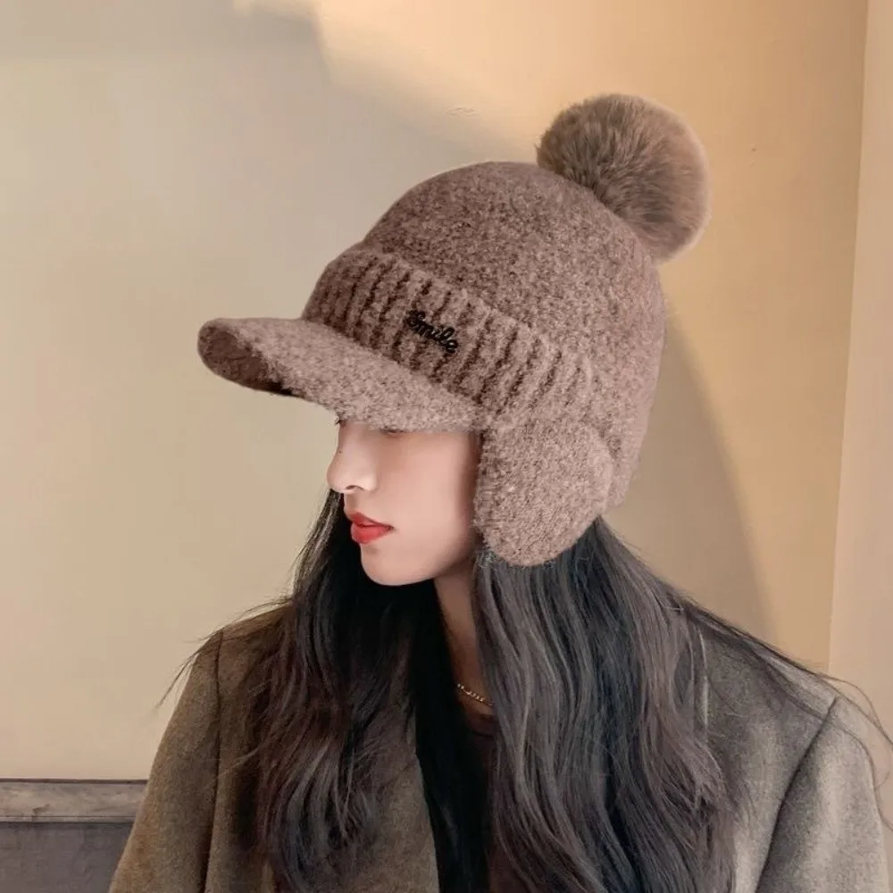 

Solid Color Warm Earmuffs Cap Windproof Thick Pompom Plush Beanie Versatile Thermal Ear Flap Protection Hat Winter