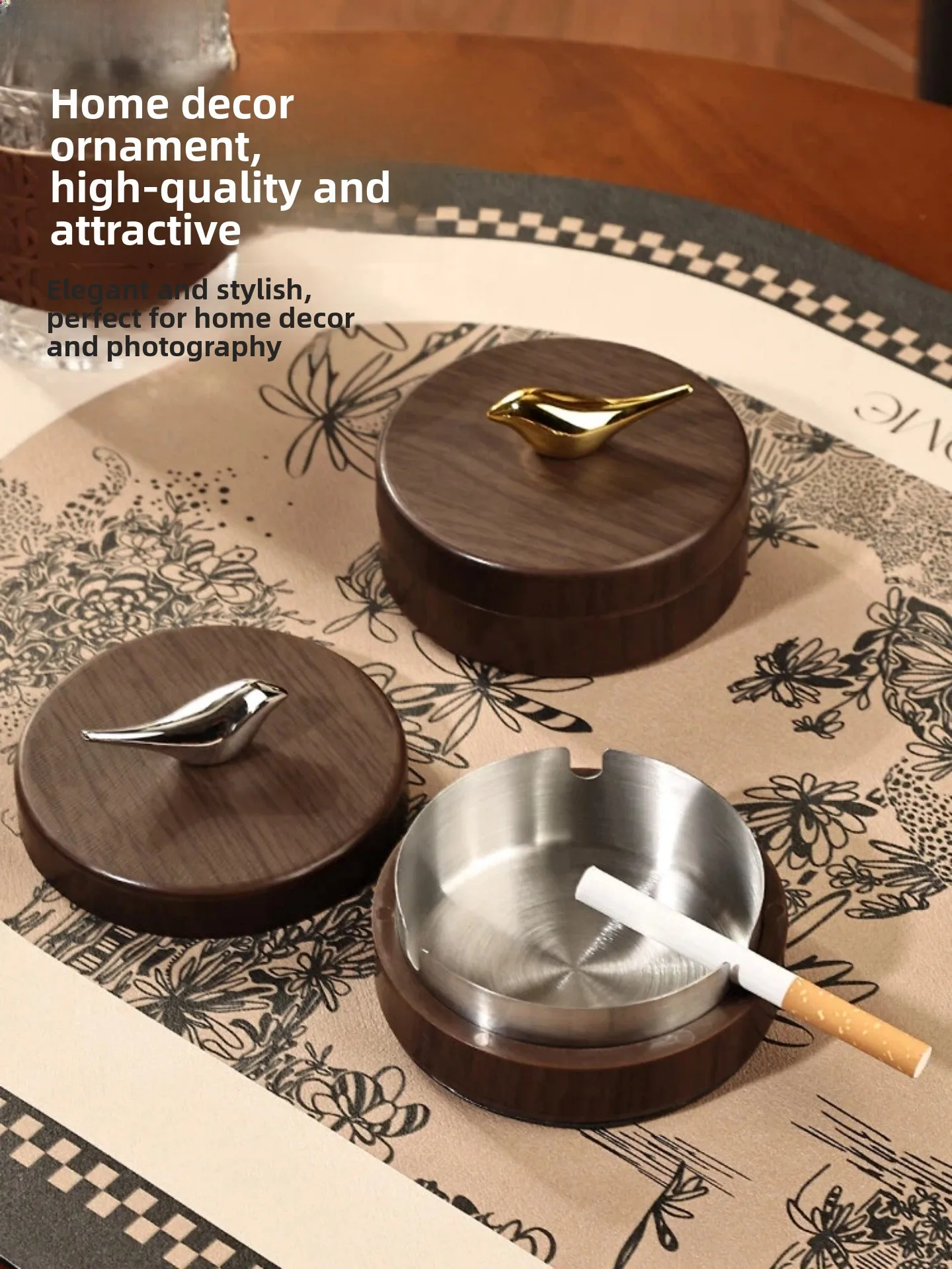 Vintage Style Walnut Brown Stainless Steel Lid Ashtray Living Room Tea Table Decorative Dustproof High End Feeling