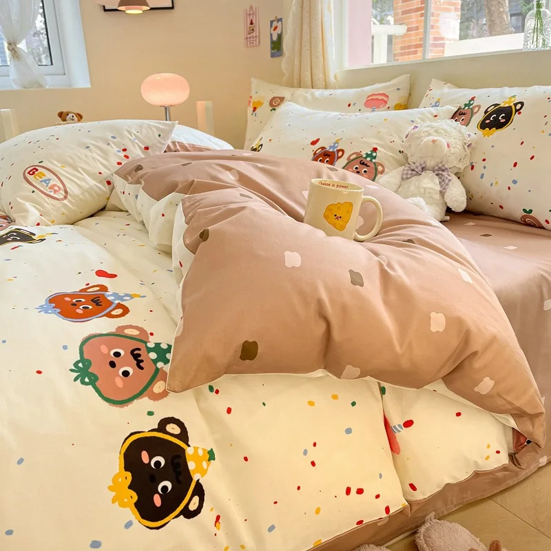 100% Cotton Cartoon Printed Bed Set Skin Friendly Soft Bedclothes with Floral Patterns Non Fading Home Textiles for Adults