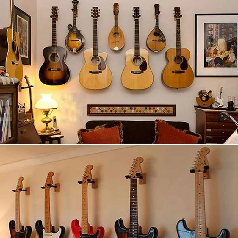 2Pcs Guitar Wall Mount Hanger Hardwood Guitar Hanger Wall Hook Holder Stand Display Fits All Size Guitars Bass Ukulele