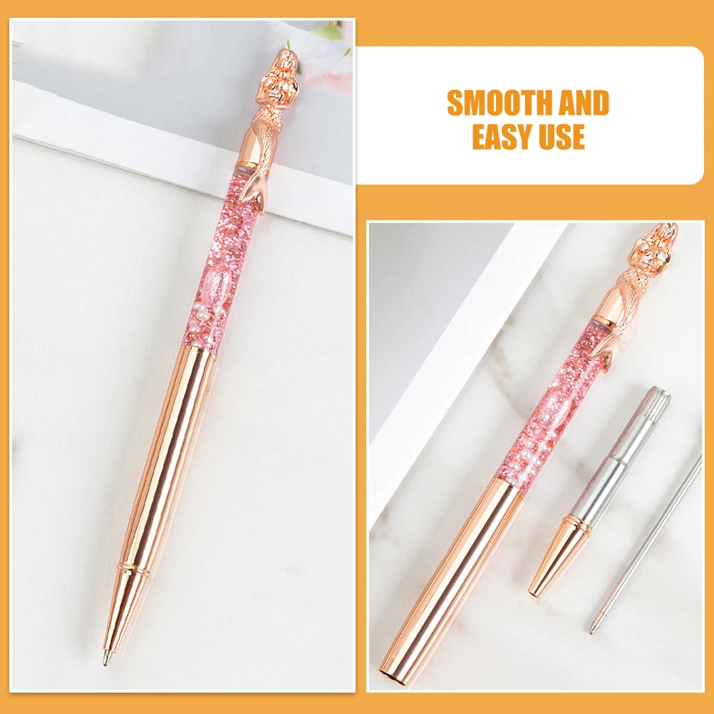 

2pcs Metal Ballpoint Pens Mermaid Shape Liquid Sand Decoration Rose Gold Pen Twist Mechanism Smooth Writing Portable Pen For