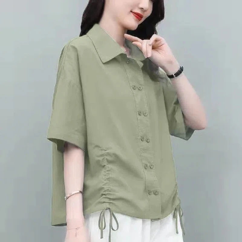 Loose Pleated Drawstring Blouse Polo Neck Short Sleeve Solid Color Casual Shirt Tops Vintage Fashion Women Clothing Summer New