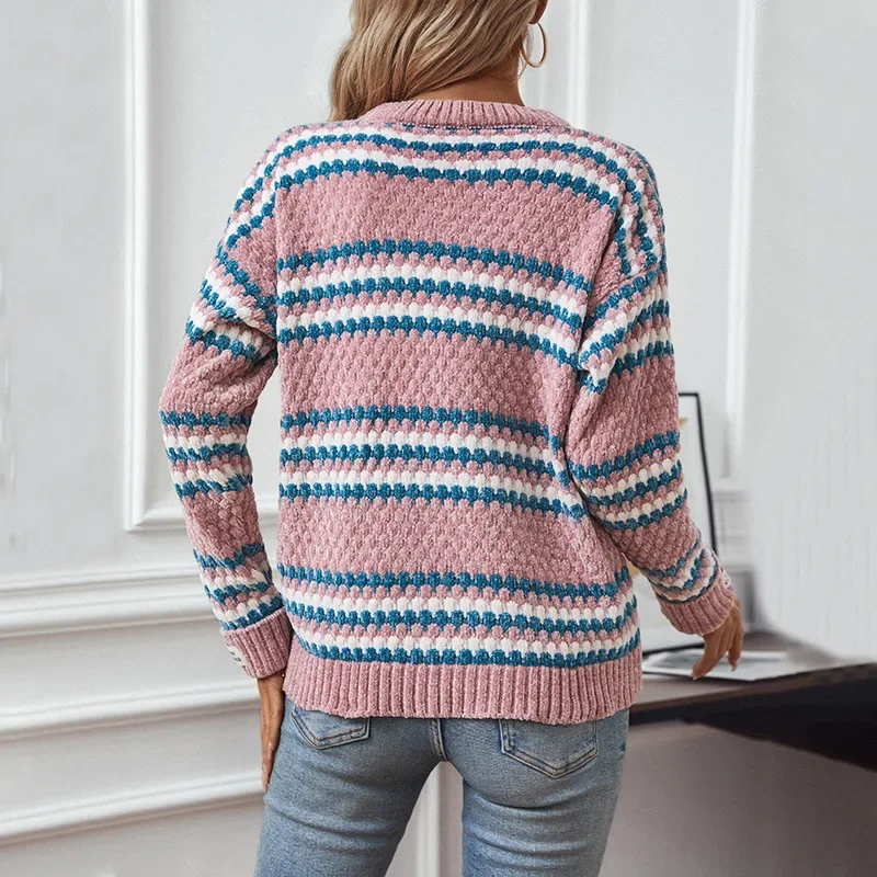 Women Striped Knit Sweaters Round Neck Pullovers Thick Full Sleeve Jumpers Casual Splice Sweater Warm Regular Winter 2024