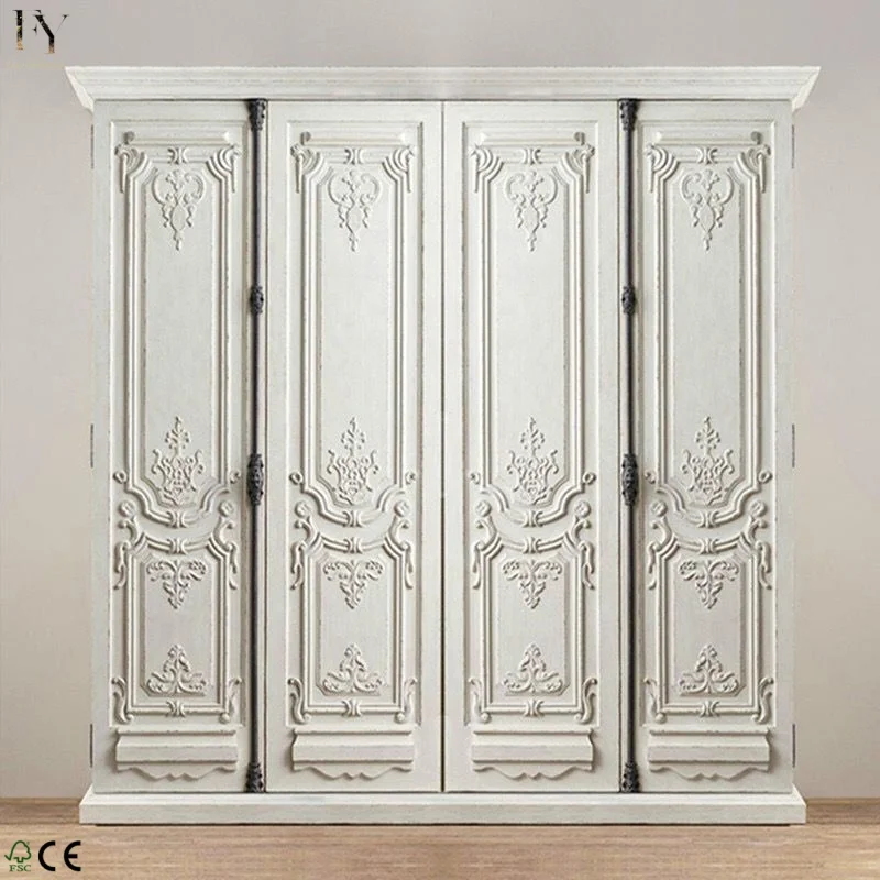 French-style Three-door Solid Wood Wardrobe with Hand-carved Patterns, Large Coat Closet with Latch Lock Cabinet
