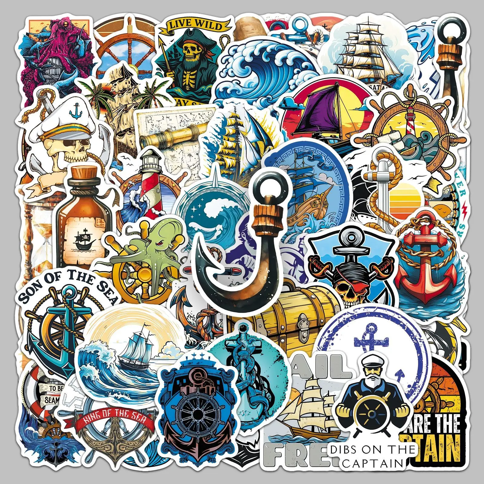 50Pcs Vintage Pirate Nautical Phone Stickers Pack Sailor Anchor Ship Decals Ocean Wave Captain Skull Sticker Pack for Phone Case