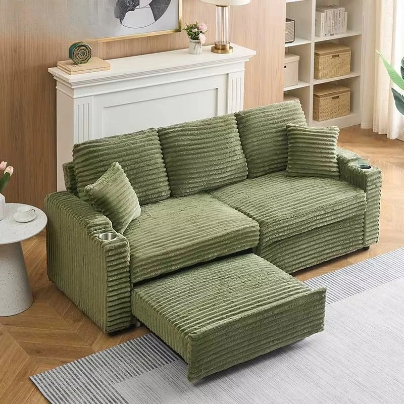 80-Inch two-in-one corduroy sofa, pull-out foldable hidden recliner