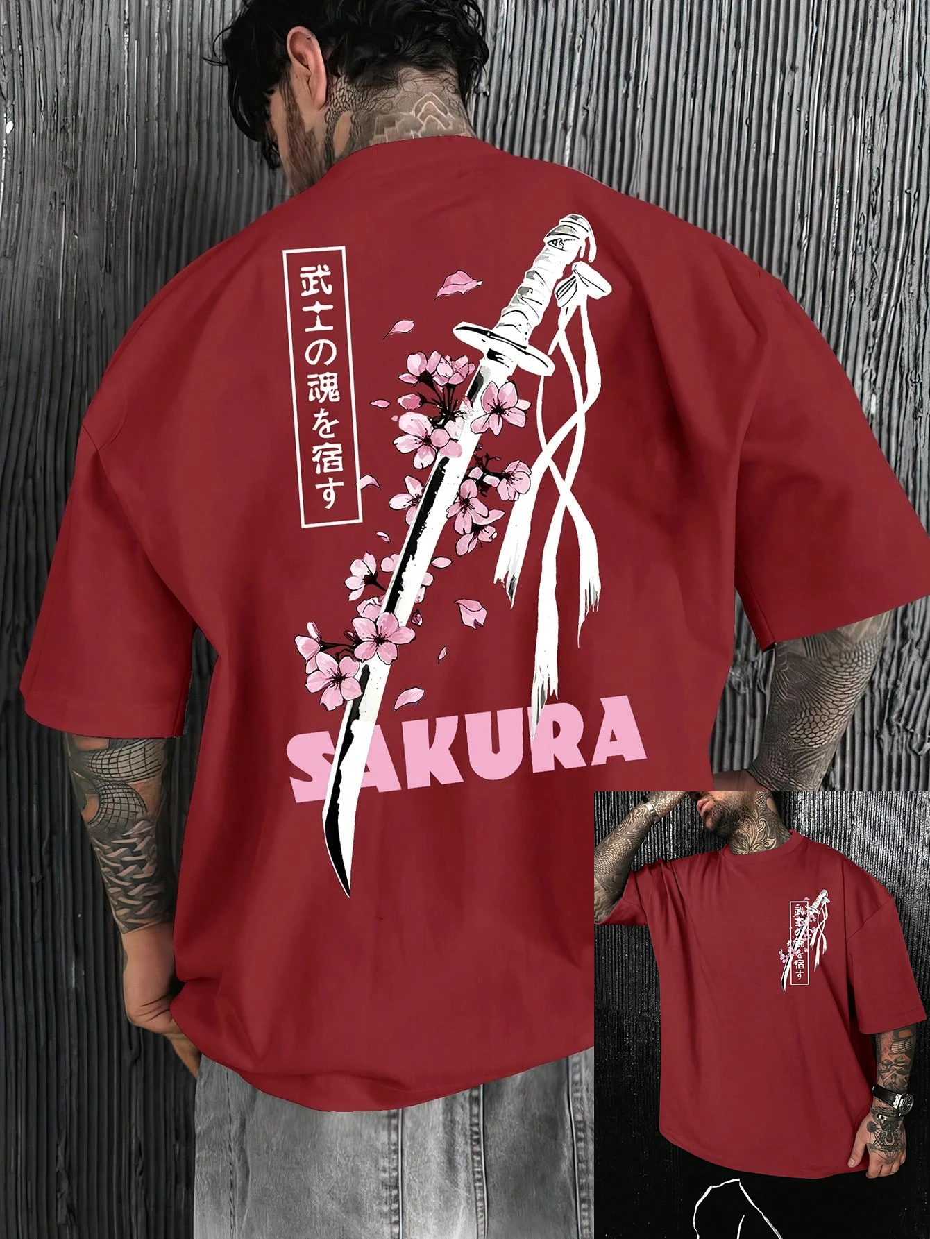 تي شيرت رجالي كاجوال مطبوع عليه رسومات تتميز بتصميم روح الساموراي وزهر الكرز ملابس رجالية قميص كبير الحجم جديد في القمم #3