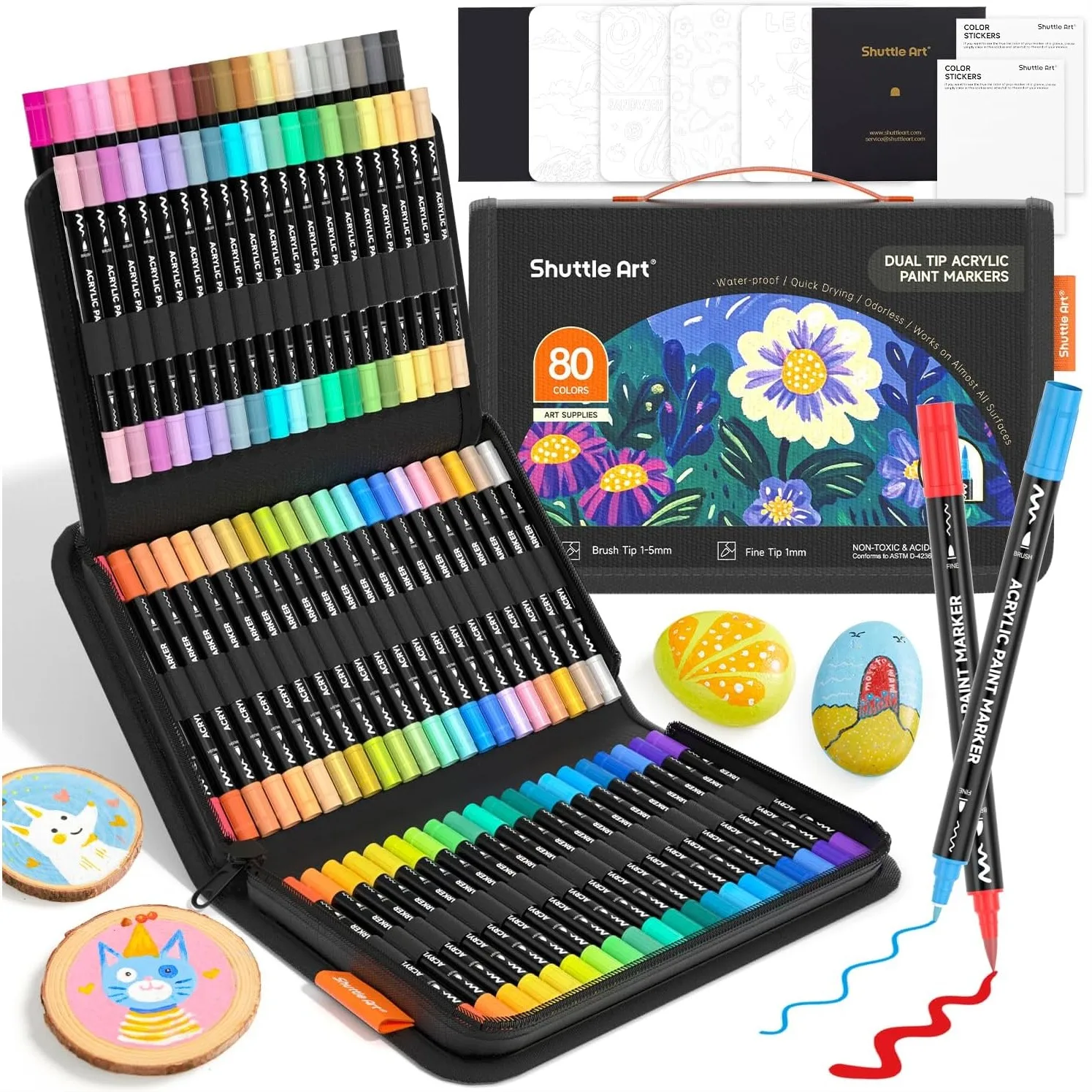 

80 Colors Dual Tip Acrylic Paint Markers, Brush and Fine Tip Pens for Rock, Ceramic, Wood, Canvas, Glass