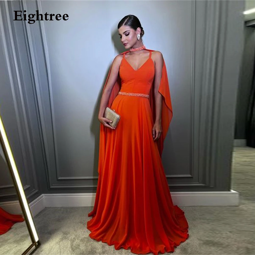 

Eightree Organe Elegant Prom Dresses Chiffion V Neck Spaghetti Straps Long A Line Floor Length Party Gowns Robes De Soirée