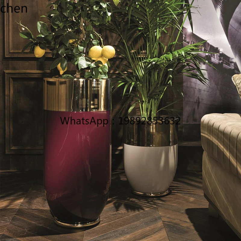 FRP light luxury large flower pot metal living room floor high-end stainless steel outdoor large diameter