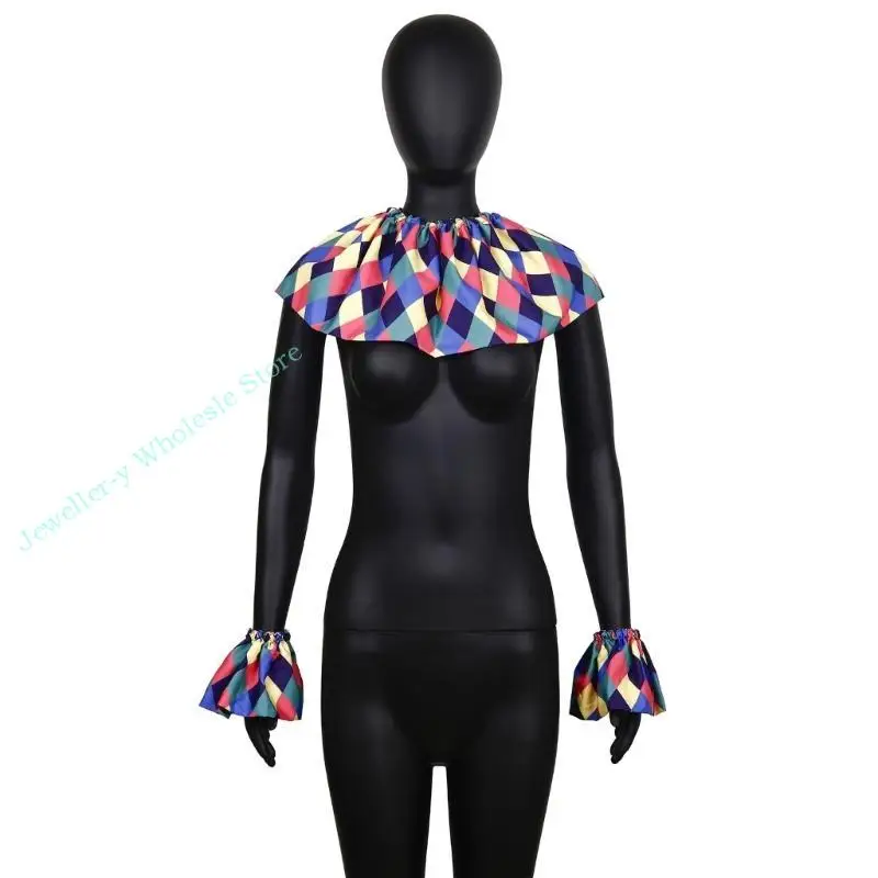 

R7UF Комплект костюма клоуна-исполнителя, включающий шаль с искусственным воротником в радужную клетку и манжеты на запястья для