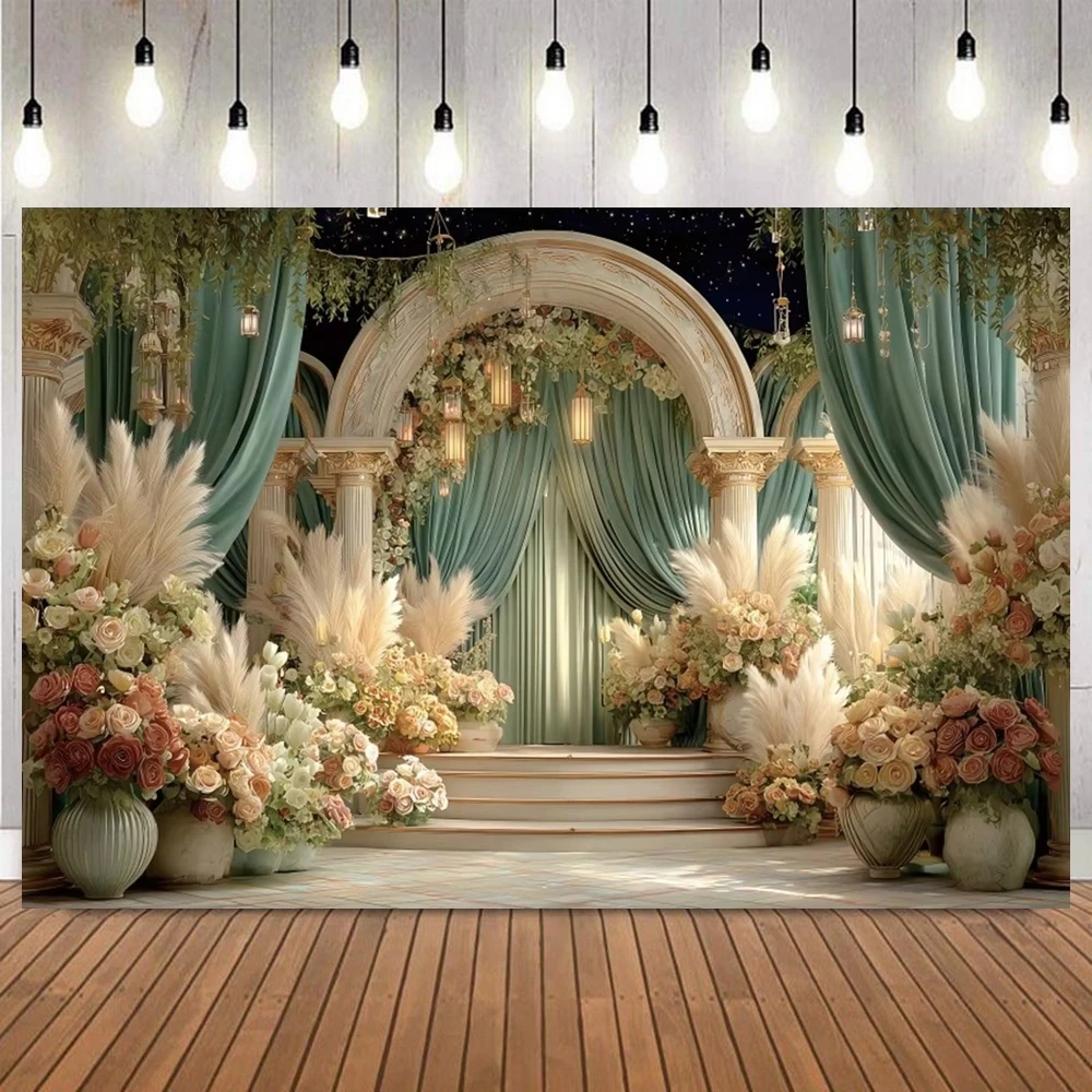 Romantic Fantasy Wedding Photography Backdrop Spring Floral Sheer Curtain European Column Birthday Wedding Art Decor Background