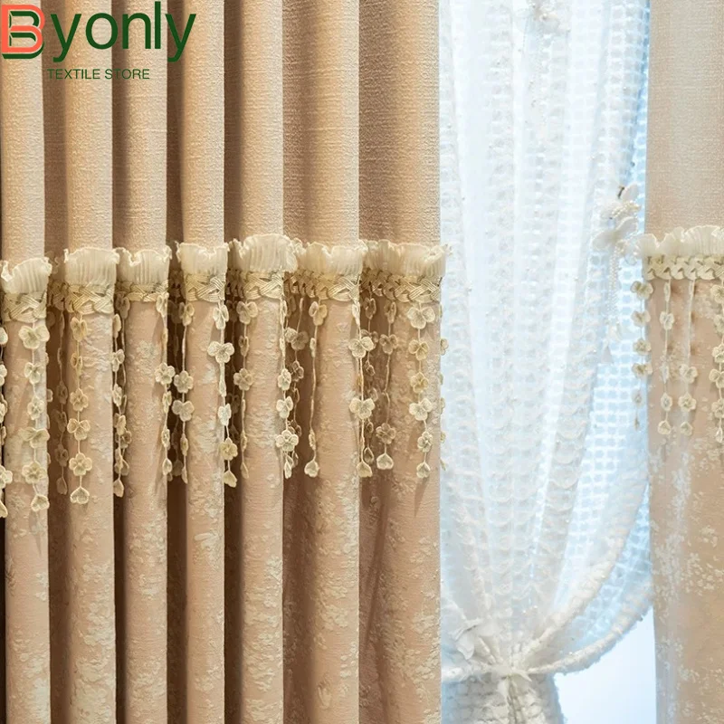 New Chenille Relief Leaf Embroidered Patched Curtains for Living Room Bedroom French Window Screen Customization Pink Valance