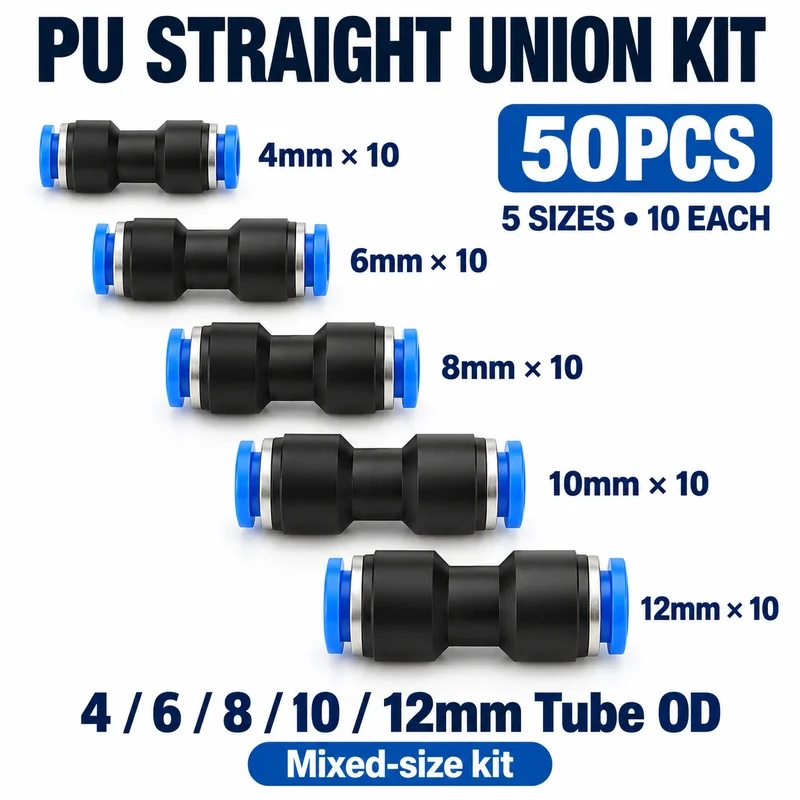 50PCS PU Straight Pneumatic Union Fitting Kit 4 6 8 10 12mm Push In Tube Couplers 10 Each Size for Compressor Hose Line Repair
