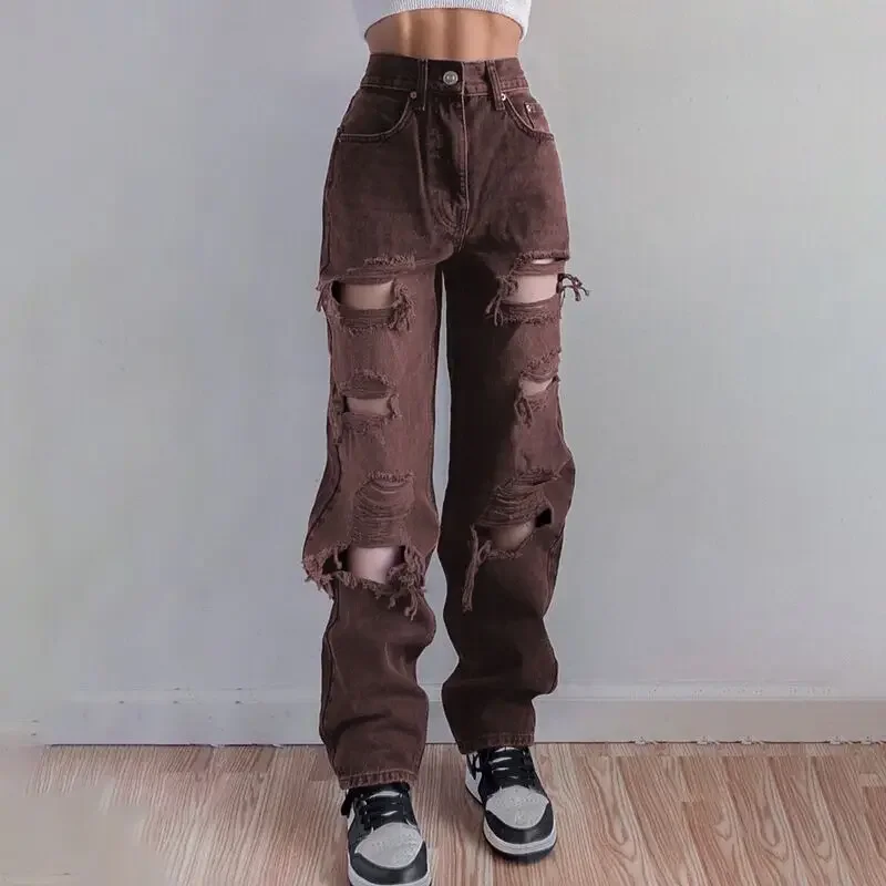 

High Quality Washed Ripped Straight Leg Jeans, Spring New Street Personality Fashion Comfortable High Waist Wide Leg Pants Women