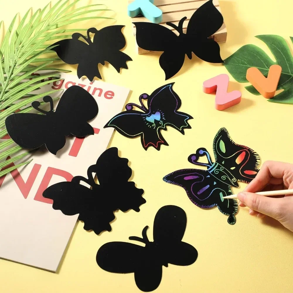 6/12Pcs Set Magic Scratch Art Butterfly Scratch Drawing Paper Bookmarks Kid Painting Book Creative Card Sticker Educational Toys