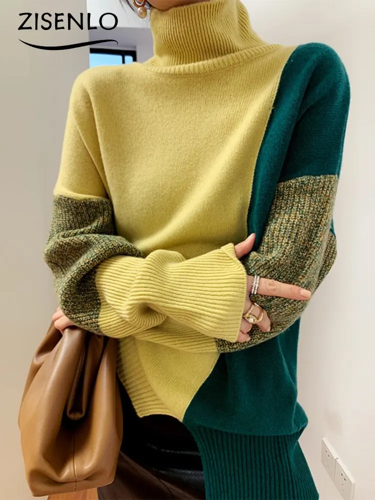 New Autumn Winter Casual Sweater Turtleneck Contrast Color Loose Sweater Oversized Sweater Pullover Korean Fashion