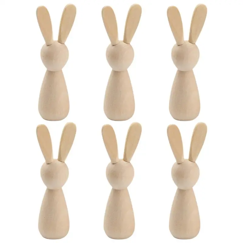 6Pcs Easter Bunny Ornaments DIY Wooden Bunny Dolls Unpainted Natural Wooden Small Crafting Crafts Unfinished Wood Dolls