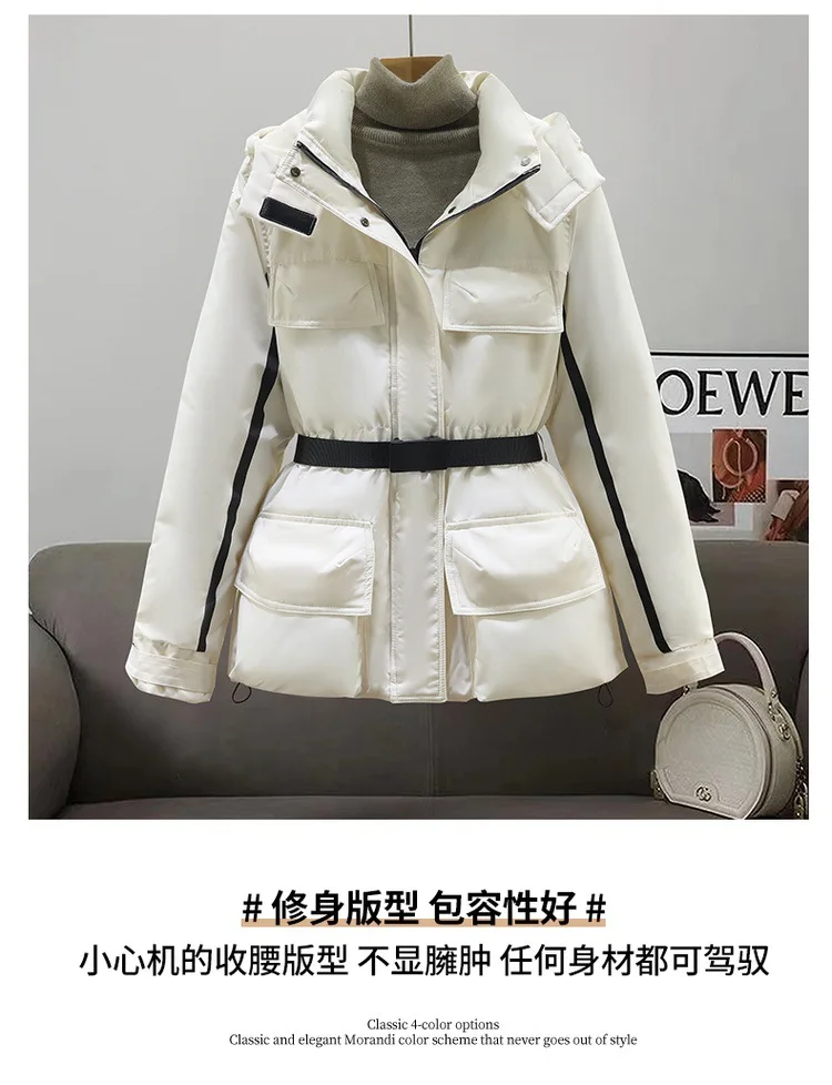 Women Mid Length Parkas Coats Solid Jackets Belt Drawstring Hooded Zipper Pocket Long Sleeves Thick Slim Fit Casual 2025 Winter
