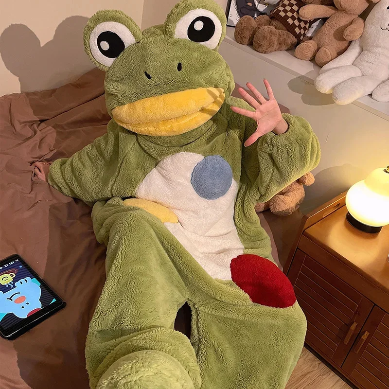 3D Ugly Pajama Frog Conjoined Animal Coral Velvet Thick Velvet Autumn Winter Ins Funny Internet Celebrity Frog Plush Home Set