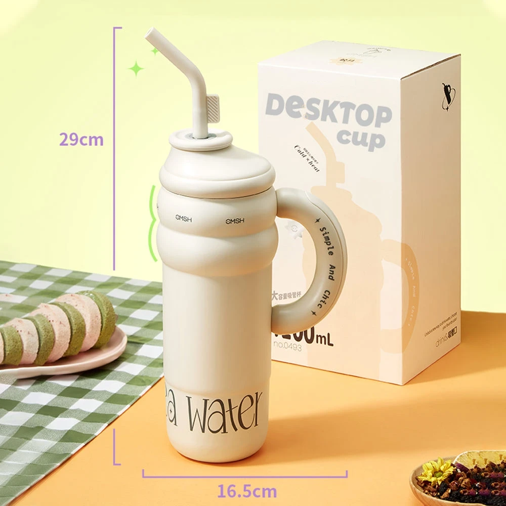 Gelas minum dengan pegangan dan sedotan 1300ml, Tumbler Stainless Steel dinding ganda, cangkir botol air menjaga air dingin & panas selama beberapa jam