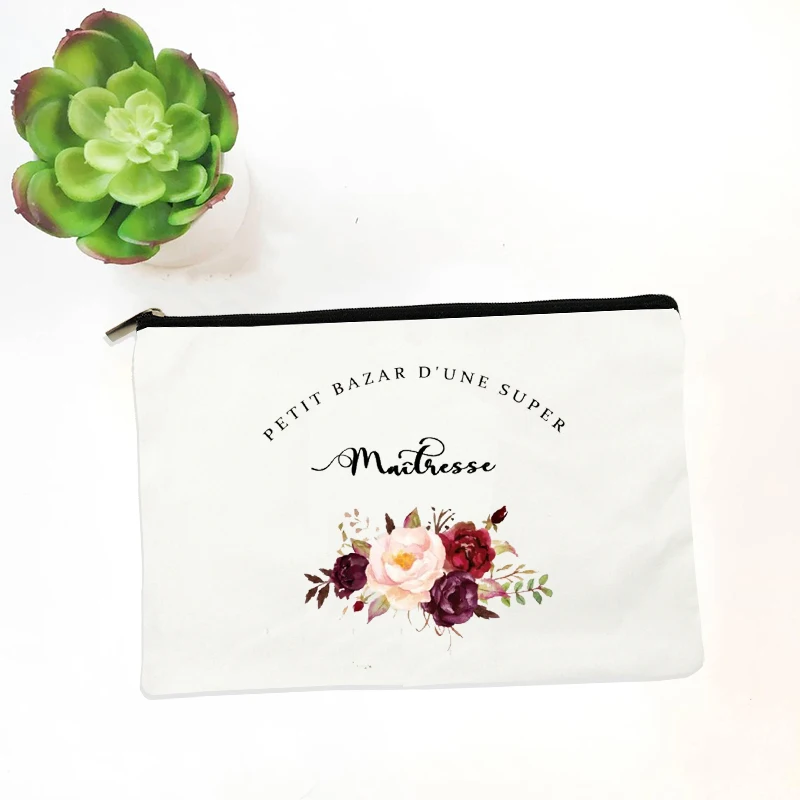 French Floral Print Makeup Bag Gifts for Maîtresse/Maitre/Atsem/Aesh/Avs Women Cosmetic Cases Gifts for Teacher High Quality Bag