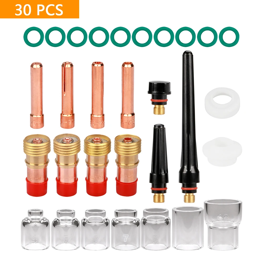 30Pcs TIG Welding Torch Accessories Stubby Gas Lens 4#~12# Pyrex Glass Cup Kit For WP-17/18/26 Torch Welding Soldering Supplies