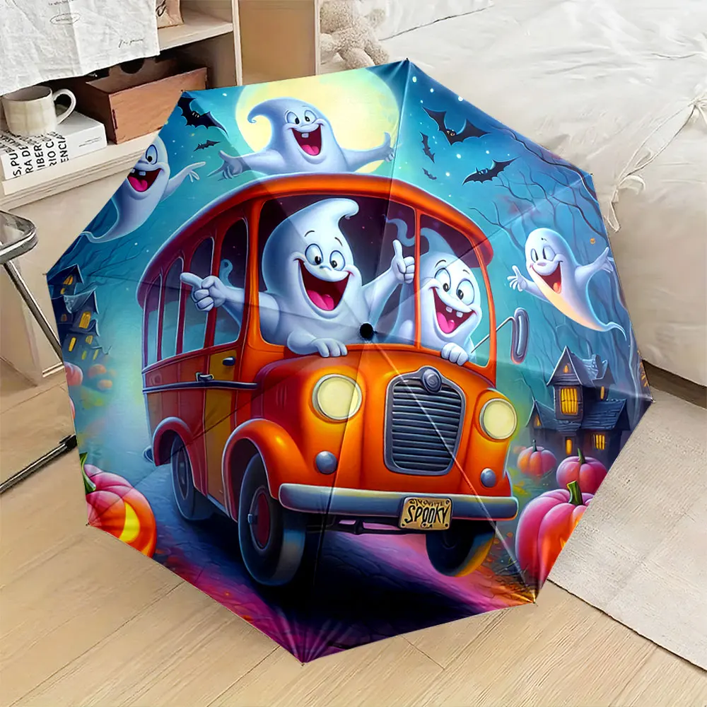 “Halloween Ghosts in Orange Bus with Pumpkins and Full Moon” Compact Fashion Folding Umbrella for Daily Use, Christmas Gift