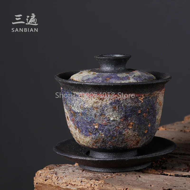 

Three Times Japanese Rock Mine Cover Teacup Firewood Handmade Gaiwan Single Tea Brewing Bowl Retro Stoneware Tea Set Supportable