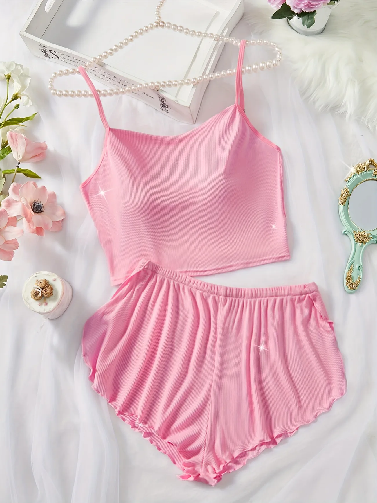 Women's Pajama Set Solid Color Camisole Crop Top and Ruffle Shorts, Sleeveless Soft Sleepwear, Summer Loungewear Outfit image 6