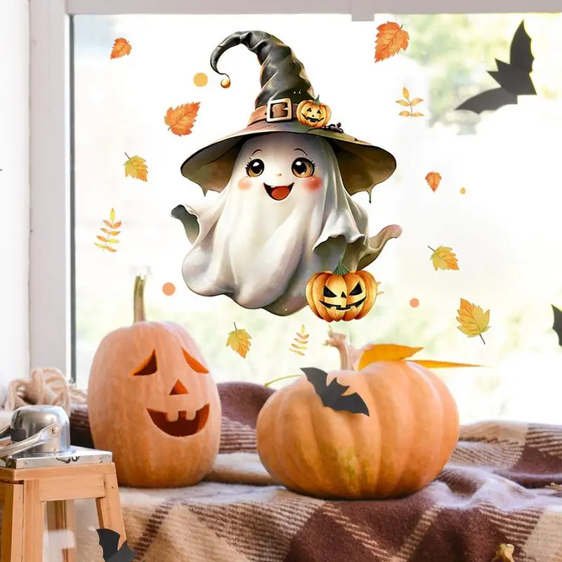 Ghost Stickers Cute Witch Hat Ghost Window Clings Wall Decals Pumpkin Ghosts Window Decor White Ghost Label Decal for Halloween