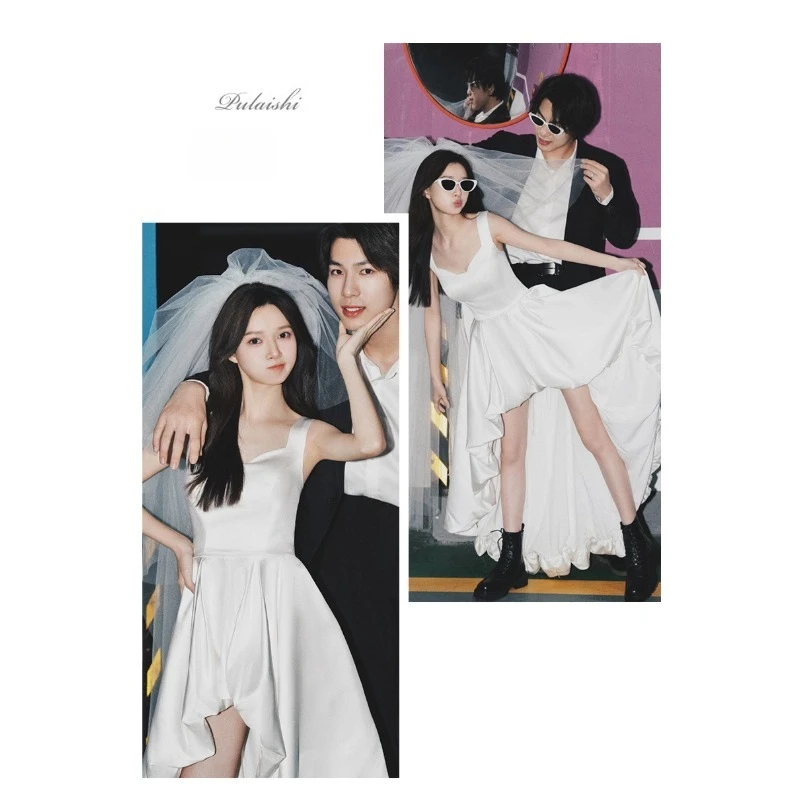 GIYSILE Abiti da sera eleganti senza maniche in raso corto semplice bianco da sposa leggero con scollo quadrato alla moda personalizzato